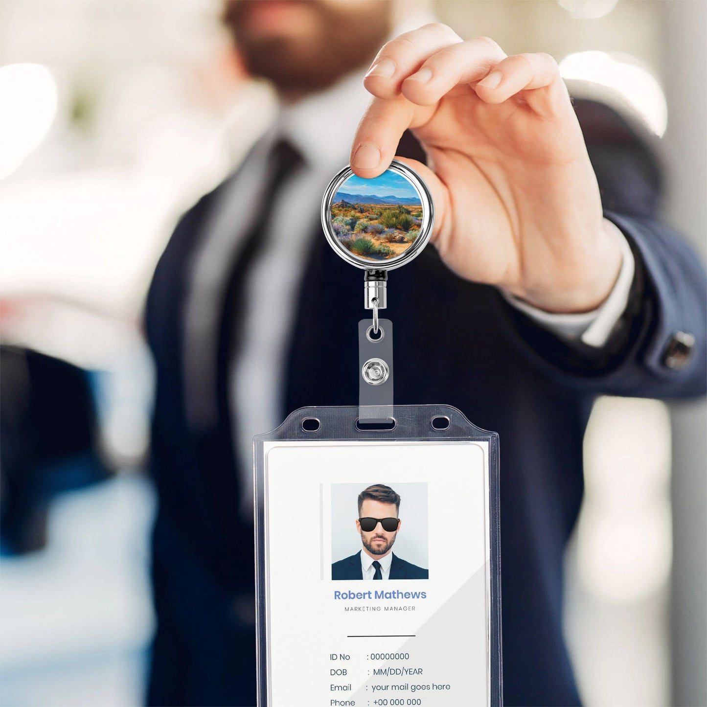 "Desert Landscape" Creative Retractable Badge Reel | Nature Landscape Illustration, Showcasing Tranquility and Vastness
