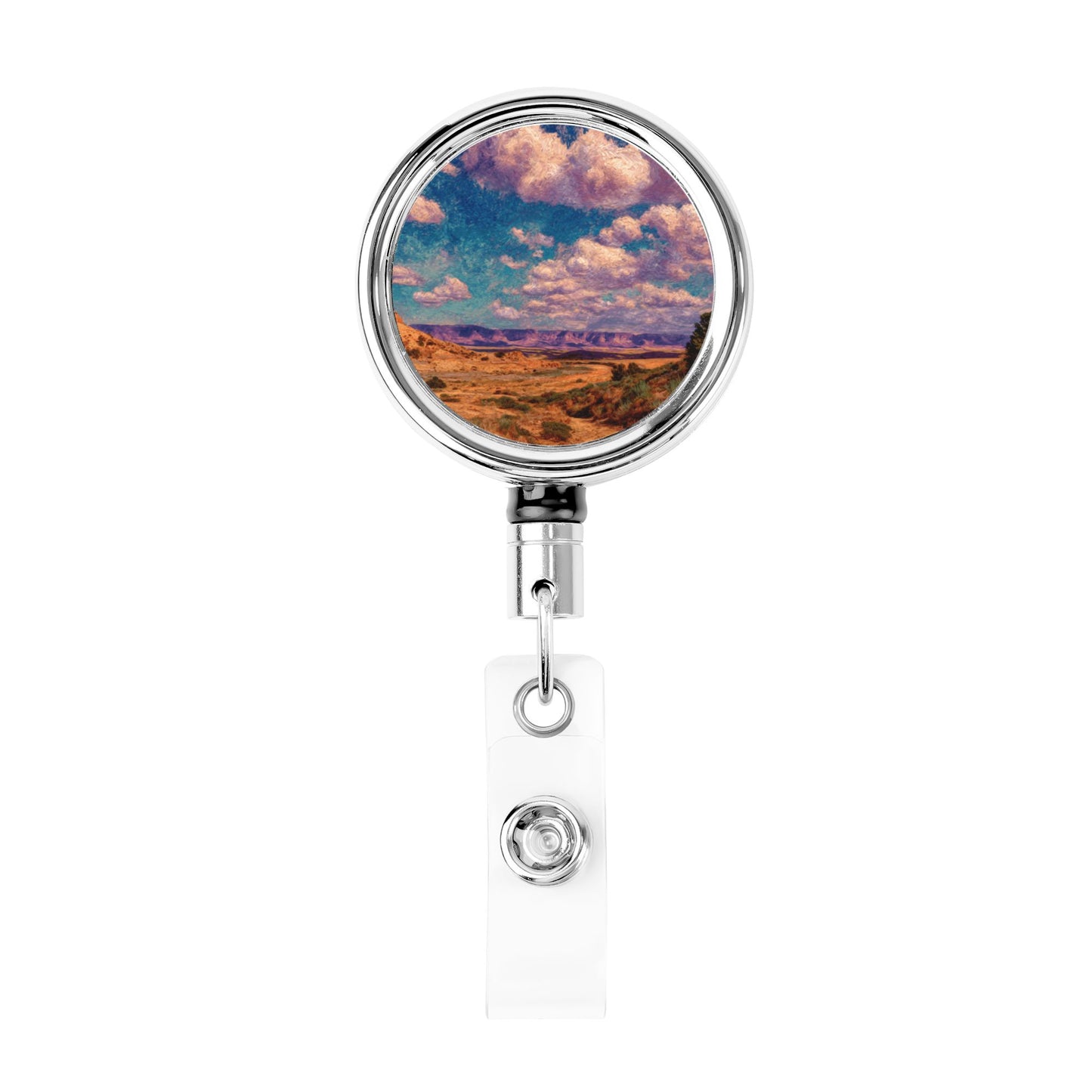 "Clouds Over Desert" Creative Retractable Badge Reel | Vibrant Desert Landscape Illustration, Showcasing Vastness and Freedom