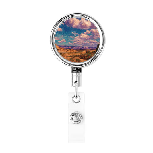 "Clouds Over Desert" Creative Retractable Badge Reel | Vibrant Desert Landscape Illustration, Showcasing Vastness and Freedom
